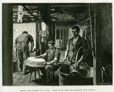 Inne i en ostfabrik. Gravyr av Lix, för att illustrera berättelsen A Through Alsace and Lorraine, av Charles Grad, tysk deputerad, 1885, i tour du monde 1887, under ledning av Edouard Charton (1807-1890), Hachette, Paris. av Frederic Theodore Lix
