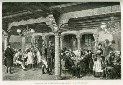 Interiör av Tiefenkeller tavern i Strasbourg. Gravyr av Lix, för att illustrera berättelsen A Through Alsace and Lorraine, 1887, av Charles Grad, tysk deputerad, i tour du monde 1888, regisserad av Edouard Charton (1807-1890), Hachette, Paris. av Frederic Theodore Lix