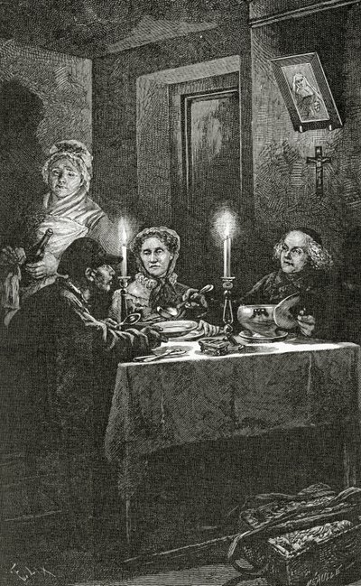 Jean Valjean tas emot och vårdas av biskop Myriel, 1800-talet (bw-gravyr) av Frederic Theodore Lix