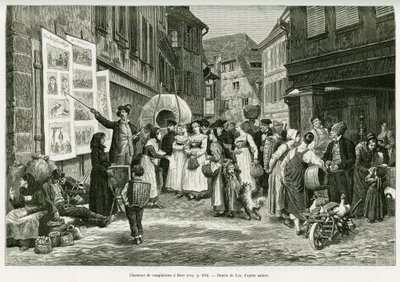Beklaga sångare på gatorna i Barr. Gravyr av Lix, för att illustrera berättelsen A Through Alsace and Lorraine, 1887, av Charles Grad, tysk deputerad, i tour du monde 1888, regisserad av Edouard Charton (1807-1890), Hachette, Paris. av Frederic Theodore Lix