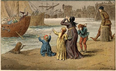 Populär låt: "A Nantes est arrive"". Barn sörjer sitt hav, borttaget av en sjöman. Illustration (detalj) av Frederic Theodore Lix (1830-1897) i "" Chansons et rounds enfantines des provinces de la France"" av Frederic Theodore Lix