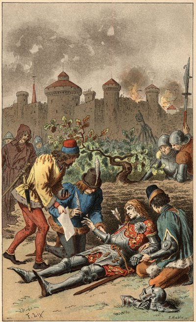 Populär låt: "It was the Grand Duke of Maine"". Hertigen av Maines död, genomborrad av en pil. Illustration av Frederic Theodore Lix (1830-1897) i "" Chansons et rounds enfantines des provinces de la France"" av Frederic Theodore Lix