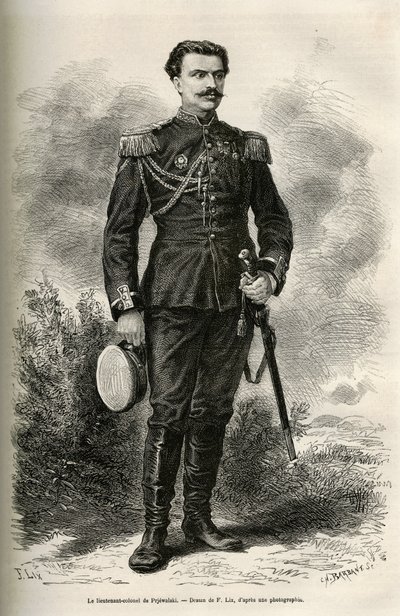 Porträtt av resenären och berättaren överstelöjtnant av Prjewalski, teckning av F.Lix för att illustrera resan till Mongoliet och Tanguternas land från 1870 till 1873, av överstelöjtnant av Prjewalski. Gravyr i Le tour du monde av Frederic Theodore Lix