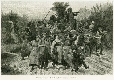 Återkomst av skörden. Gravyr av Lix, för att illustrera berättelsen A Through Alsace and Lorraine, 1887, av Charles Grad, tysk deputerad, i tour du monde 1888, regisserad av Edouard Charton (1807-1890), Hachette, Paris. av Frederic Theodore Lix
