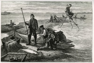 Laxfiske. Gravyr av F.Lix, för att illustrera berättelsen "Genom Alsace och Lorraine", 1884, av Charles Grad (1842-1890), tysk deputerad, författare och naturforskare. Publicerad i Le Tour du monde, nouveau journal des voyages, 2:a terminen 1885, redigerad av Frederic Theodore Lix