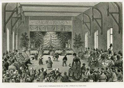 Julgranen på Etablissementet Dietsch. Gravyr av Lix, för att illustrera berättelsen A Through Alsace and Lorraine, 1887, av Charles Grad, tysk deputerad, i tour du monde 1888, regisserad av Edouard Charton (1807-1890), Hachette, Paris. av Frederic Theodore Lix