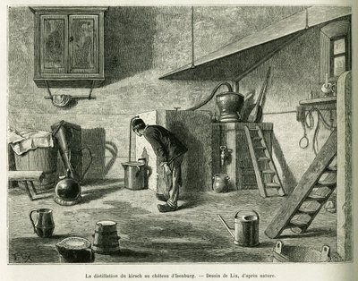 Destillationen av kirsch på slottet Isenburg. Gravyr av Lix, för att illustrera berättelsen A Through Alsace and Lorraine, 1887, av Charles Grad, tysk deputerad, i tour du monde 1888, regisserad av Edouard Charton (1807-1890), Hachette, Paris. av Frederic Theodore Lix