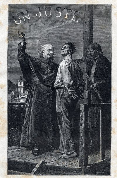 Evenemanget Myriel åtföljer en dödsdom som klättrar på ställningen - Illustration av Frederic Theodore Lix (1830-1897) för "The Miserables - First Part: Fantine" av Victor Hugo (1802-1885) 1862 av Frederic Theodore Lix