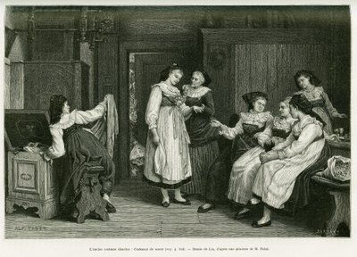 Den gamla Alsace dräkten. Gravyr av Lix, efter en målning Present de Noces av Pabst, för att illustrera berättelsen A Through Alsace and Lorraine, av Charles Grad, tysk deputerad, 1885, i tour du monde 1887, under ledning av Edouard Charton (1807) av Frederic Theodore Lix