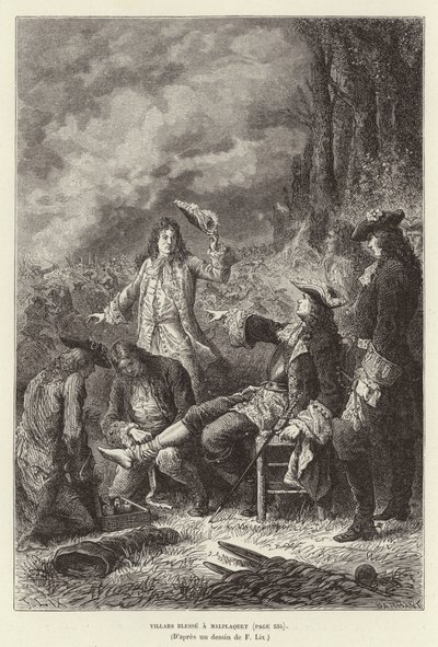Villars välsignar en malplaquet. Claude Louis Hector de Villars, marskalk av Frankrike, sårad i slaget vid Malplaquet, det spanska tronföljdskriget av Frederic Theodore Lix