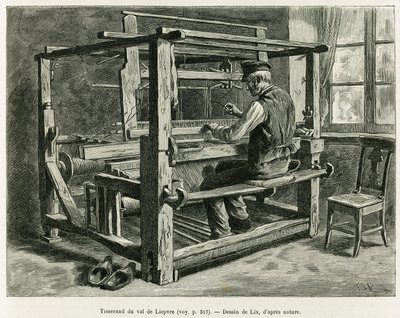 Väver av Liepvredalen. Gravyr av Lix, för att illustrera berättelsen A Through Alsace and Lorraine, 1887, av Charles Grad, tysk deputerad, i tour du monde 1888, regisserad av Edouard Charton (1807-1890), Hachette, Paris. av Frederic Theodore Lix