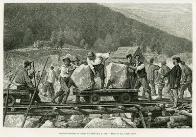 Arbetare som arbetar vid Alfelddammen. Gravyr av Lix för att illustrera historien A travers l