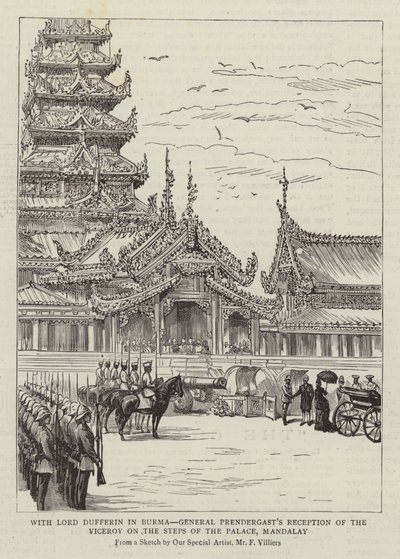 Med Lord Dufferin i Burma, general Prendergasts mottagning av vicekungen på slottets trappor, Mandalay av Frederic Villiers