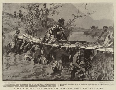En mänsklig bro i Swaziland, drottningen korsar en svullen bäck av Frederic de Haenen