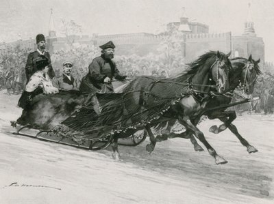 En släde med blått sidennät, för att förhindra snön från att spraya de åkande, Kreml i bakgrunden av Frederic de Haenen