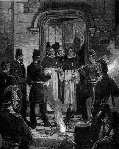 Utvisning av dominikaner från Rue de Jean de Beauvais i Paris till följd av dekreten från mars 1880 som fattades av Jules Ferry och som tar bort rätten att undervisa medlemmar av otillåtna religiösa församlingar: läsning av akten om anmälan av dekret till  av Frederic de Haenen