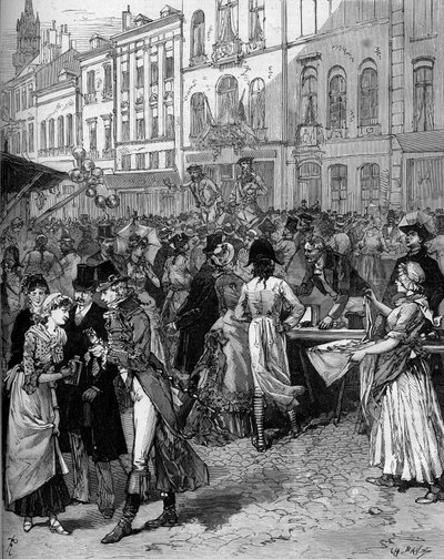 Historiskt firande av minnet av belägringen av Lille 1792: Braderie Watteau (stor mässa) på gatorna i staden med de fashionabla invånarna från 1700-talet. Gravyr av De Haenen i "" Le Monde Illustré"" nr 1334 av 21 okt. av Frederic de Haenen