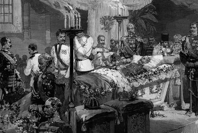 Soldater från slagskeppsregementet Alexander II (1818-1881) kommer att kyssa den bortgångne tsarens hand i St. Peter och Pauls katedral av St. Petersburg (S:t Petersburg) av Frederic de Haenen