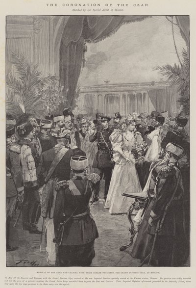 Tsarens kröning, tsarens och tsarinnans ankomst till Moskva med deras lilla dotter, storhertiginnan Olga, och deras barn. av Frederic de Haenen