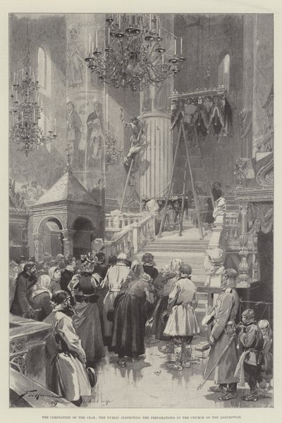 Tsarens kröning, allmänheten inspekterar förberedelserna i kyrkan Assumption av Frederic de Haenen
