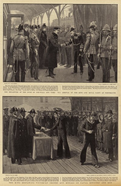 Hertigen av Cornwall och Yorks avgång, kungens och det kungliga partiets ankomst till Portsmouth, kungen skänkte viktorianska order och medaljer till sjöofficerare och män av Frederic de Haenen