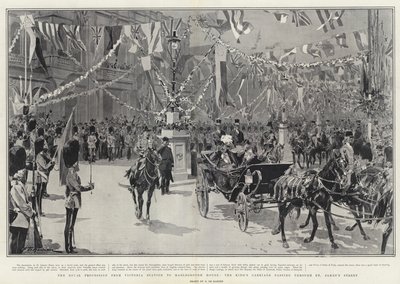 Kungliga processionen från Victoria Station till Marlborough House, kungens vagn passerar genom St James