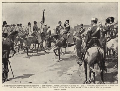 Tsaren tittar på sin livvakts förflutna mars (andra kosackgardet) vid vårrecensionen på Champs de Mars, St Petersburg av Frederic de Haenen