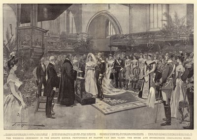 Bröllopsceremonin i Groote Kerke, utförd av pastor Van der Vlier, bruden och brudgummen som byter ringar av Frederic de Haenen