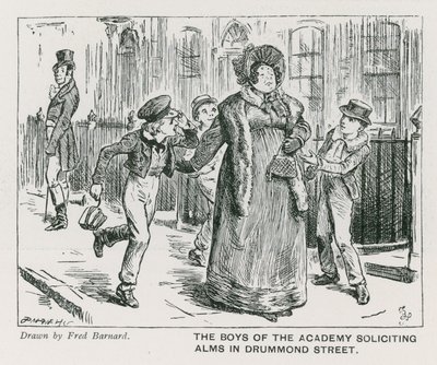 Pojkarna på Wellington House Academy ber om allmosor på Drummond Street (gravyr) av Frederick (after) Barnard