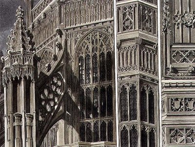 Fragments and Parts of the Exterior of Henry the Seventh Chapel, tavla 12 från Westminster Abbey, graverad av Thomas Sutherland, utgiven av Rudolph Ackermann (1764-1834) 1811 (akvatint) av Frederick (after) Mackenzie