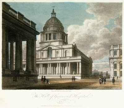 Vy över Greenwich Hospital (Kent, England), beskrivning av kupolen och det nordöstra hörnet av kung Vilhelms (William) gård, med hallens norra fasad målad bakom, och med en del av drottning Marys gård och kapell av Frederick (after) Nash
