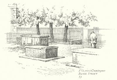 St Olaves kyrkogård, Silver Street (litografi) av Frederick Adcock