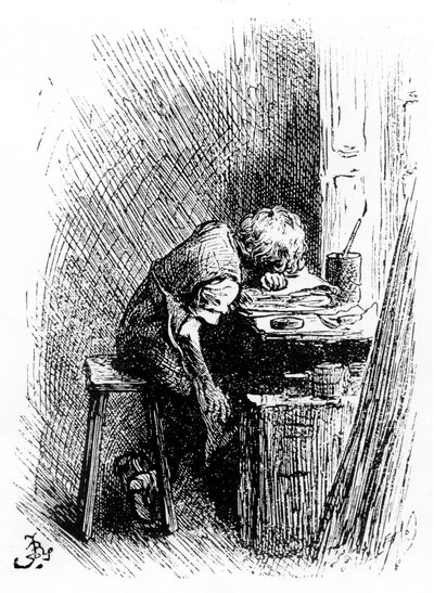Charles Dickens på Blacking Factory, en illustration från 