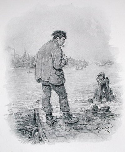 Rogue Riderhood at Limehouse Hole, från "Charles Dickens: A Gossip about his Life", av Thomas Archer, publicerad ca 1894 (litho) av Frederick Barnard