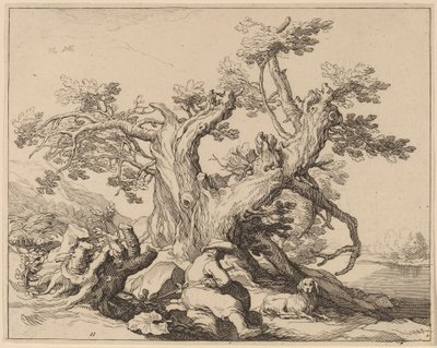 En man och hans hund vilar vid ett stort träd av Frederick Bloemaert after Abraham Bloemaert