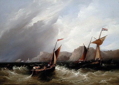 Fartyg utanför en stenig kustlinje (olja ombord) av Frederick Calvert