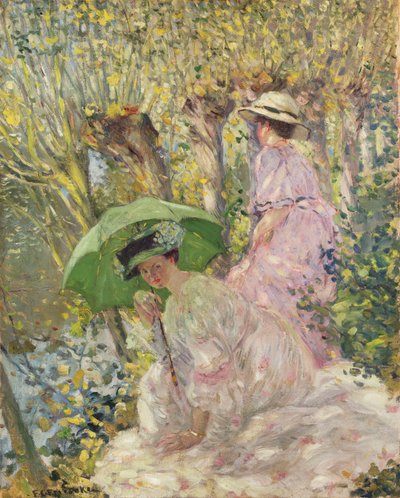 Två unga flickor i en trädgård, ca 1911 (olja på duk) av Frederick Carl Frieseke