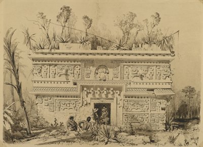 Las Monjas, Chichen Itza, Yucatan, 1843 (sepia bläck & tvätt på vävt papper) av Frederick Catherwood