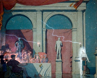 Tyltyl förvandlar diamanten, illustration från akt IV Scen IV av "The Blue Bird, a fairy play in sex acts" av Maurice Maeterlinck, publicerad London 1911 (akvarell, penna och kroppsfärg på papper) av Frederick Cayley Robinson