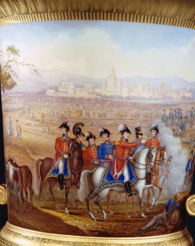 Detalj av Wellington och hans officerare från en Berlin guldslipad smal campanavas och sockel av Wellington servicetyp, målad med en scen från slaget vid Vittoria, 1817 av Frederick Christian Lewis
