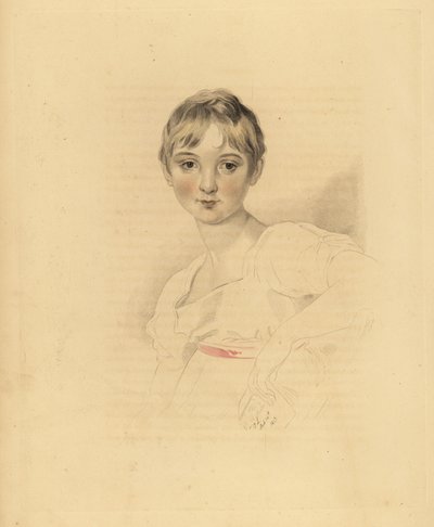Porträtt av Lucy Meredith, brorsdotter till Sir Thomas Lawrence. Ung pre-teen flicka i vit klänning med rosa band bälte. Handtonad gravyr av Frederick Christian Lewis efter en illustration av Sir Thomas Lawrence från P.G. Patmore