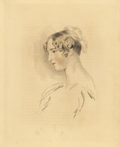 Porträtt av Mary Isabella Bloxam som ung kvinna, brorsdotter till Sir Thomas Lawrence. Med håret uppåt och lockigt, i en off-the-shoulder klänning. Gravyr av Frederick Christian Lewis efter en illustration av Sir Thomas Lawrence från P.G. Patmores kabinett av Frederick Christian Lewis