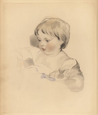 Porträtt av Rowland Bloxam, brorson till Sir Thomas Lawrence. Knubbig pojke i klänning bunden med blått band. Handtonad gravyr av Frederick Christian Lewis efter en illustration av Sir Thomas Lawrence från P.G. Patmore