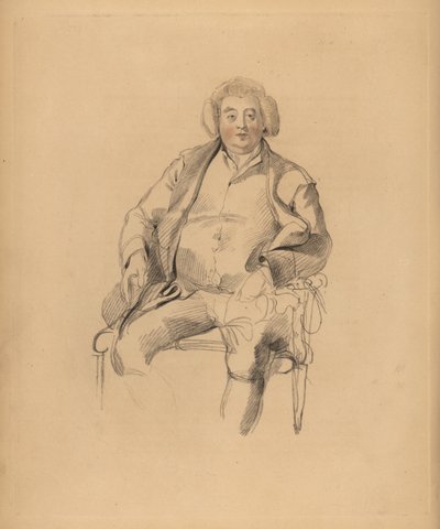 Porträtt av Sir Thomas Lawrences far, gästgivare Thomas Lawrence. Portly man i peruk sittande på en stol. Handtonad gravyr av Frederick Christian Lewis efter en illustration av Sir Thomas Lawrence från P.G. Patmore