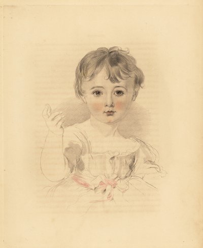 Porträtt av Thomas Lawrence Bloxam, brorson till Sir Thomas Lawrence. I klänning knuten med ett rosa band. Handtonad gravyr av Frederick Christian Lewis efter en illustration av Sir Thomas Lawrence från P.G. Patmore