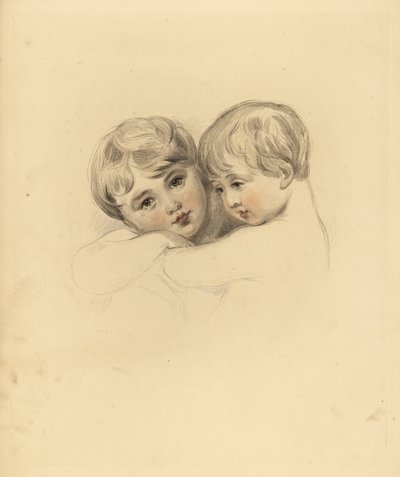 Porträtt av Calmeady-barnen i en omfamning. Handtonad gravyr av Frederick Christian Lewis efter en illustration av Sir Thomas Lawrence från P.G. Patmore