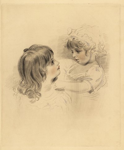 Porträtt av två barn. Den äldre håller ett motvilligt yngre barn i huva och klänning. Handtonad gravyr av Frederick Christian Lewis efter en illustration av Sir Thomas Lawrence från P.G. Patmore