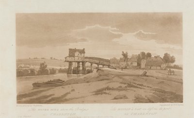 Vattenkvarnen ovanför bron vid Charenton 1803; Skylt 20 från Views in Paris, Emanuel Volume-spårningen av plattan B181.25.2629 av Frederick Christian Lewis the Elder