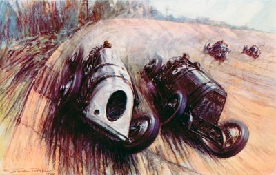 En strid mellan jättar vid Brooklands, Parry Thomas vita Leyland som slåss mot Eldridges stora Fiat på banken (färg litho) av Frederick Gordon (after) Crosby