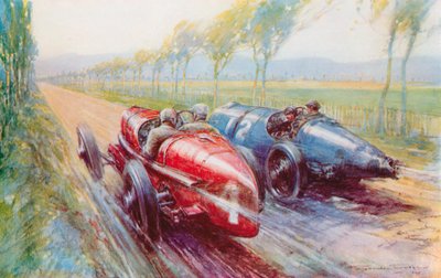 Felice Nazzaro vann Grand Prix 1922 och hanterade en av de nya och mycket snabba Fiaterna (litho i färg) av Frederick Gordon (after) Crosby